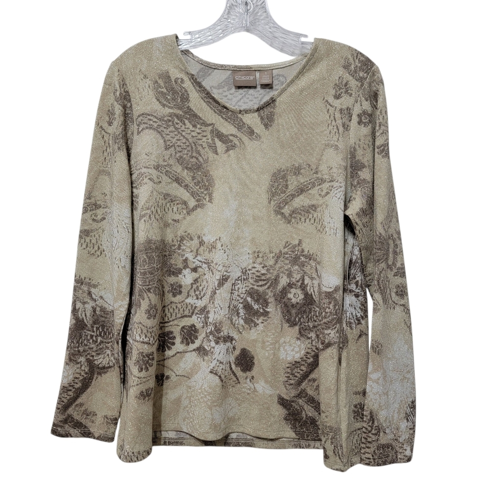 Chico's | Cozisoft Romance in Annecy Floral V-Neck Long Sleeve Shimmer Tee Sz 1 - Picture 3 of 7